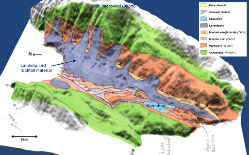 Figure 3: Geological surface survey of Thinia isthmus. The original two-dimensional survey diagram has been rendered by a digital elevation model (DEM).